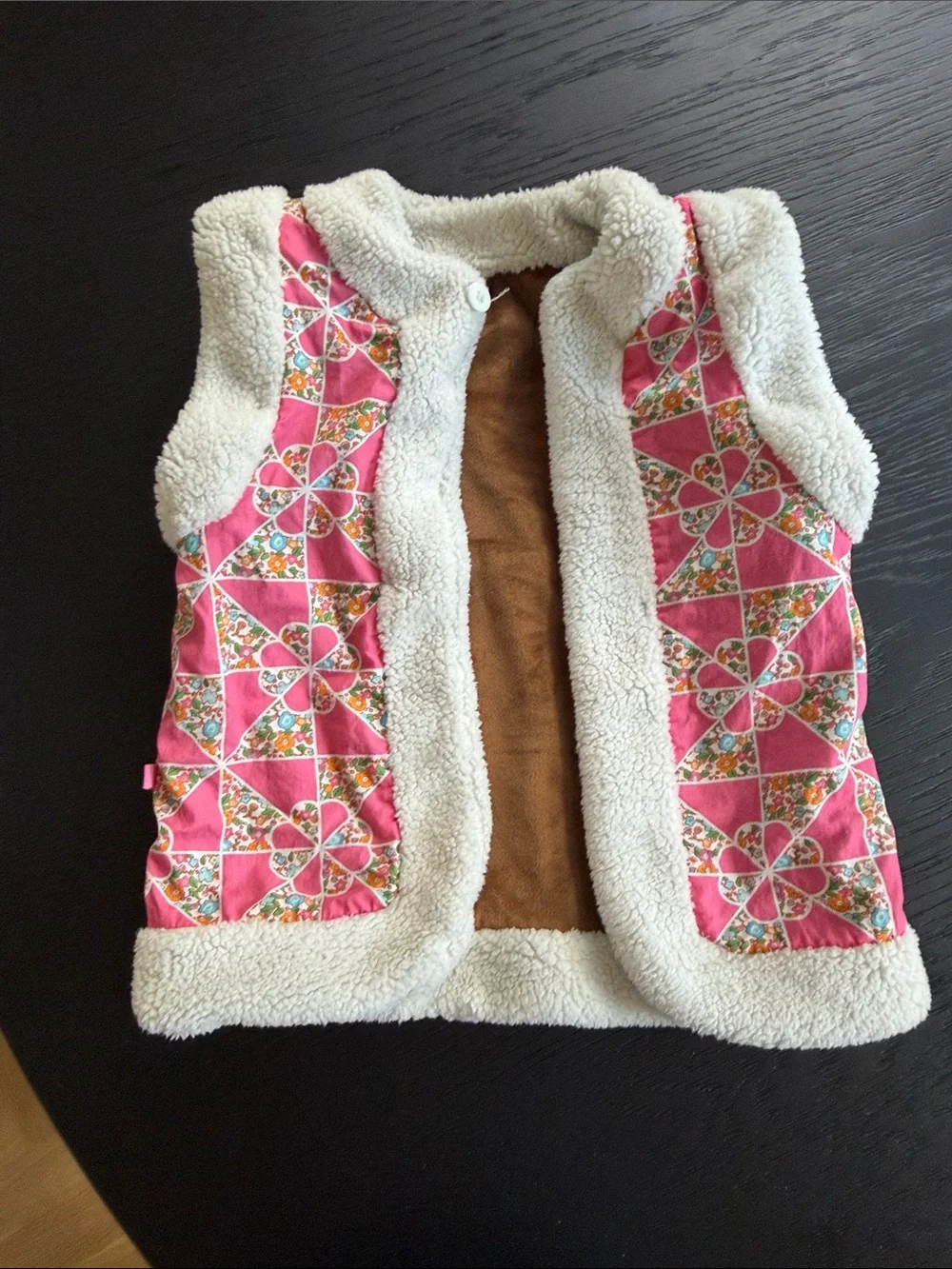 Kids Reveraoble Brown Faux-Suede and Pink Pattern Vest with Cream Sherpa Trim